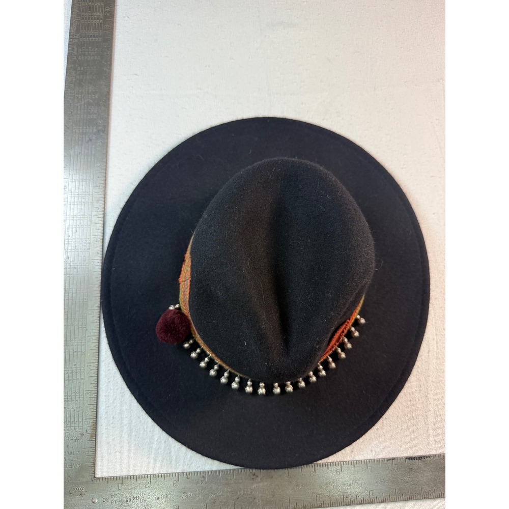 Zara Fedora Hat Womens M Black Excellent Boho Embroidered Band Bell Charms Pom